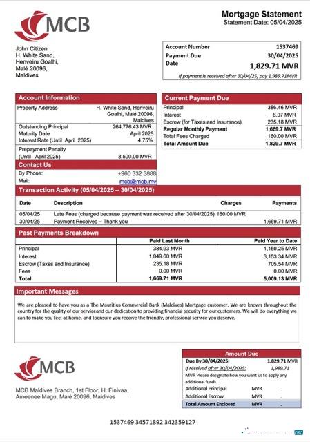 Maldives The Mauritius Commercial Bank (Maldives) mortgage statement Word and PDF template